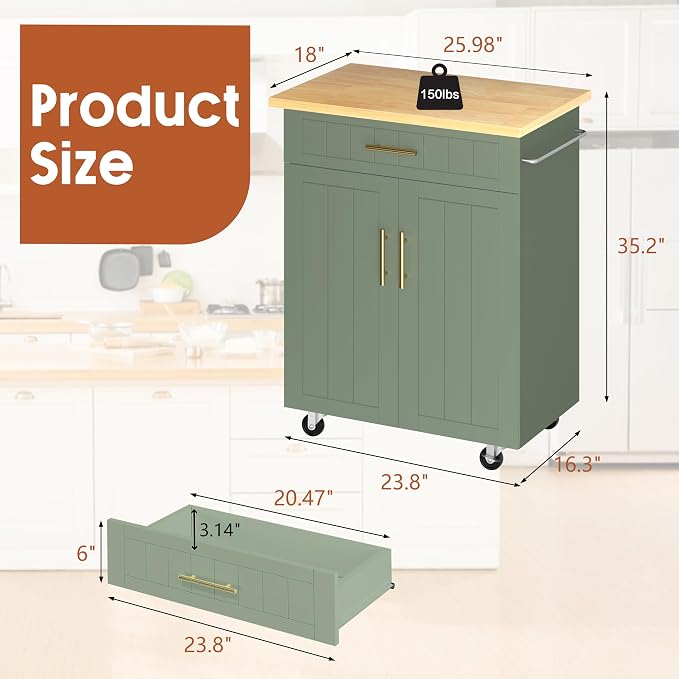 SUNLEI Rolling Kitchen Island Cart with Storage & Drawer – 26" Portable Kitchen Cart with Lockable Wheels, Towel Rack & Open Shelves for Kitchen, Dining Room, Living Room(Green)
