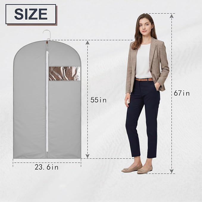 2Pcs Garment Bags Covers, 55Inch Hanging Clothes Bag, Suit Cover Bags with Clear Window for Hanging Closet Clothes Storage and Travel (2, Gray, 55 inch)