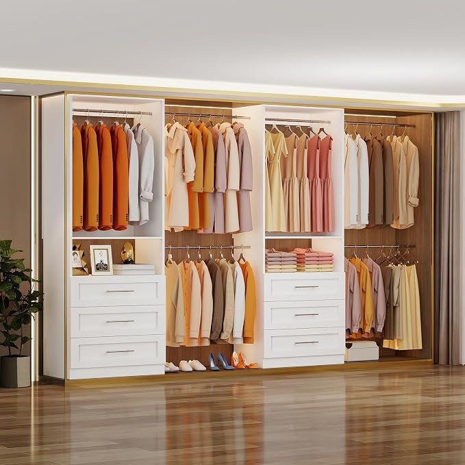 Closet System with 6 Drawers, 4FT-15FT Closet Organizer System with 10 Adjustable Hanging Rods & 2 Shelves, Modular Closet Systems Kit for Walk-In Closets, 2 Sets, White