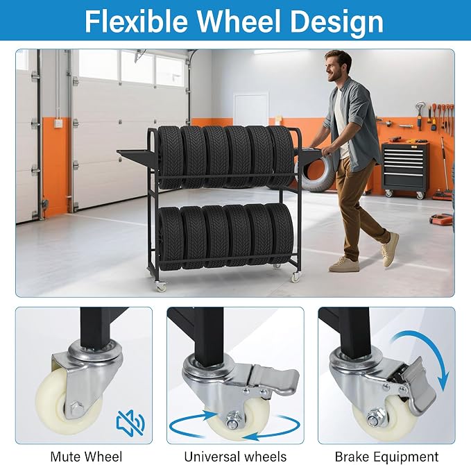 Tire Storage Rack 44" x 44" x 18" with Anti-Dust Cover | Rolling Adjustable Black Alloy Steel Tire Rack for Garage with 4 Swivel Casters & 2 Storage Shelves