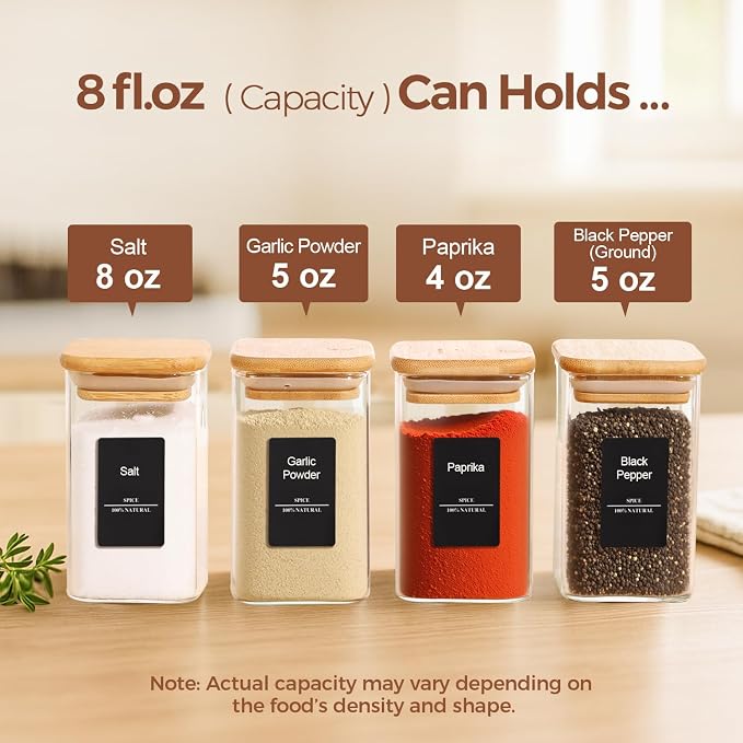 ComSaf Glass Spice Jars with Labels 8 oz 16 Pack Square Bamboo Lids | Empty Containers, Seasoning Herbs Powders, Salt Pepper Chili, Spice Rack Organization, Kitchen Cabinet Storage, Dry Goods