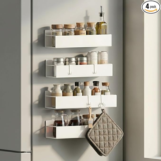 Magnetic Spice Rack, White, 4 Pack | Multipurpose Magnetic Shelf, Versatile Storage for Spices, Herbs, Seasonings, Suitable for Kitchen Refrigerator, Cabinet