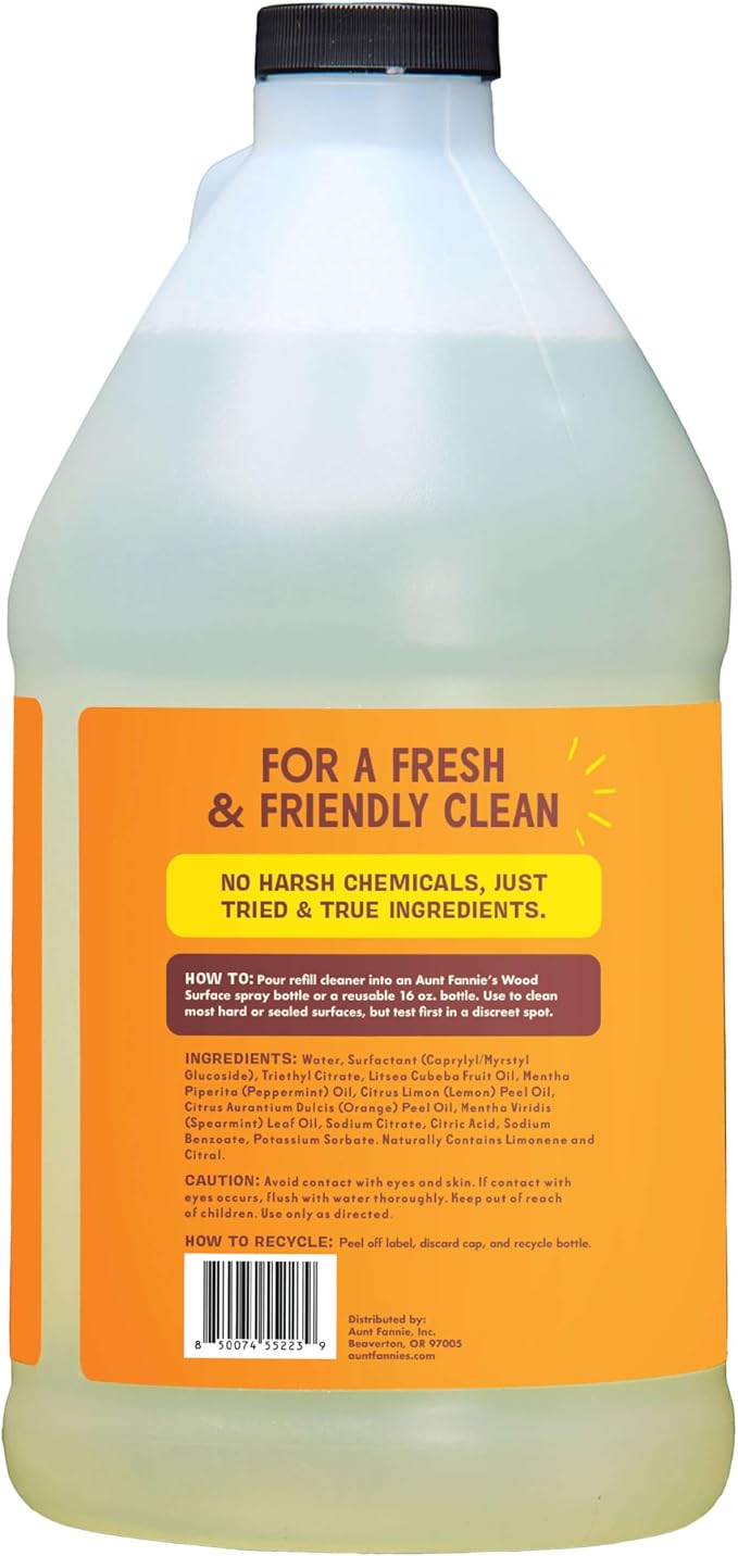 Aunt Fannie's All Purpose Wood Spray Cleaner, No-Wax Formula, Perfect for Wood Tables, Walls, Counters & Shelves, 64 Fl Ounces, Lemon Scent (Refill)