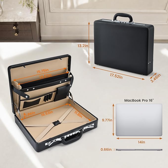 Briefcases for Men Carrying Case Document Attache Case for 16 Inch Laptop Waterproof Faux Leather Multi File Organizer with Anti-Theft Lock Professional Business Case for Work Office Travel, Black