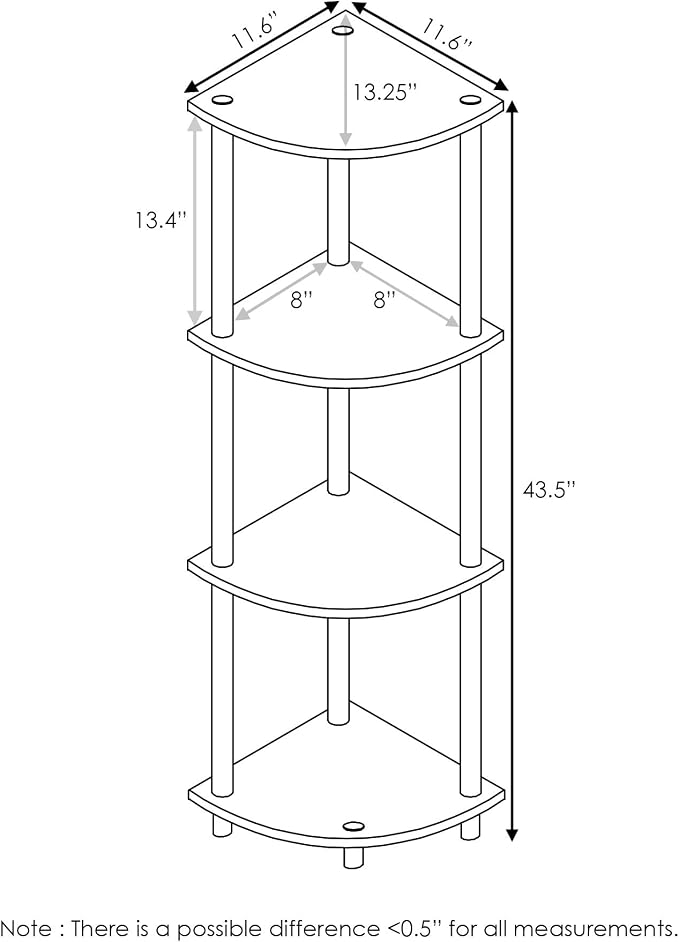 Furinno Turn-N-Tube Toolless Assembly 4-Tier Corner Shelf, Black Corner Book Shelf, Open Shelves Bookshelf, for Organization and Storage, Living Room, Home Office, Bedroom, Brown Grain