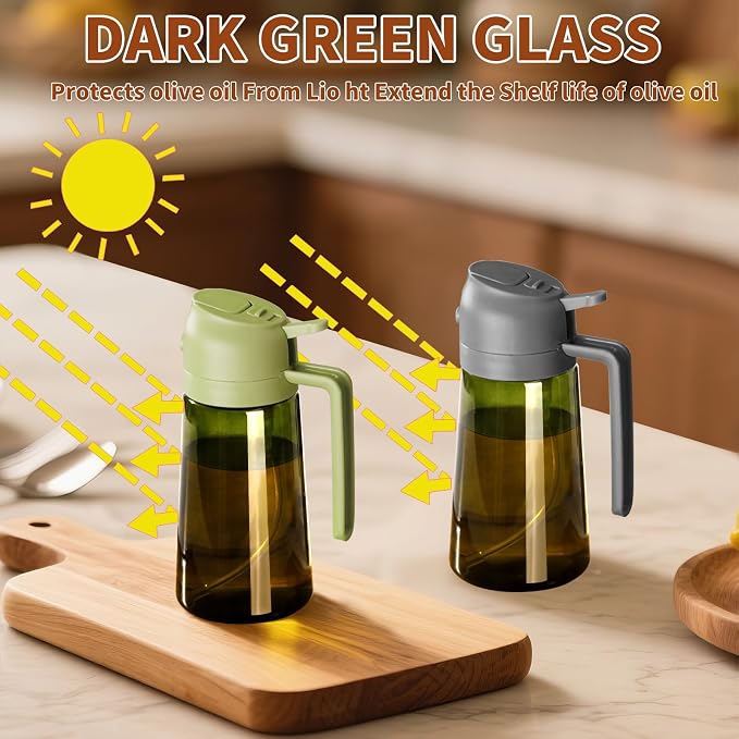 SWEET VIEW Olive Oil Dispenser and Oil Sprayer 16oz/470ml | Glass Light-Proof Oil Pourer for Kitchen Air Fryer, Cooking, Salad, and BBQ, with Stickers