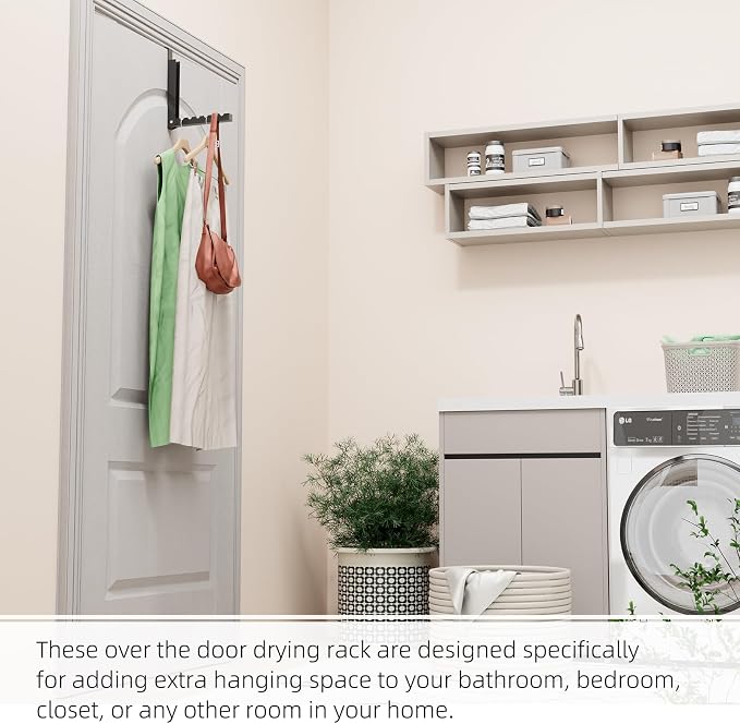 BAKON Over The Door Hanger Folding Clothes Drying Rack, Folding Hanging Coat Rack for Indoor Laundry Room Compact Small Space Foldable Portable Clothing Hanger Hook Collapsible- 2 Pack(Black)