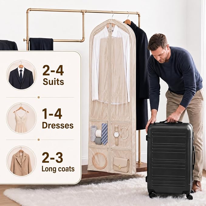 Tranqun 2 Pack 65" Long Wedding Garment Bags for Gowns 4" Gusseted Clear Dress Travel Bag for Hanging Clothes Foldable Wedding Dress Cover with 4 Zipper Pockets for Closet Storage and Travel (Khaki)