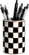 Ceramic Checkered Pen Holder For Desk,Cute Stand Black And White Pencil Cup,Durable Ceramic Pencil Cup, Decorative Makeup Brush Holder Cup, Stationery Holder for Office, School, Home (Black)