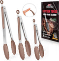 600ºF Heat Resistant Kitchen Tongs, Premium Locking Cooking Tongs with Silicone Tips, Non-Slip Food Tongs for Cooking, Non-Stick, Heavy Duty Stainless Steel Handle, Set of 3-7" 9" and 12" Mud color