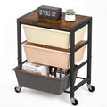 Rolling Cart with 3 Drawers, Plastic Drawer Storage Carts with Lockable Wheels & Wooden Tabletop, Metal Art Craft Utility Cart Organizer for Home Office Bedroom Dorm Bedside Classroom, Dark Brown
