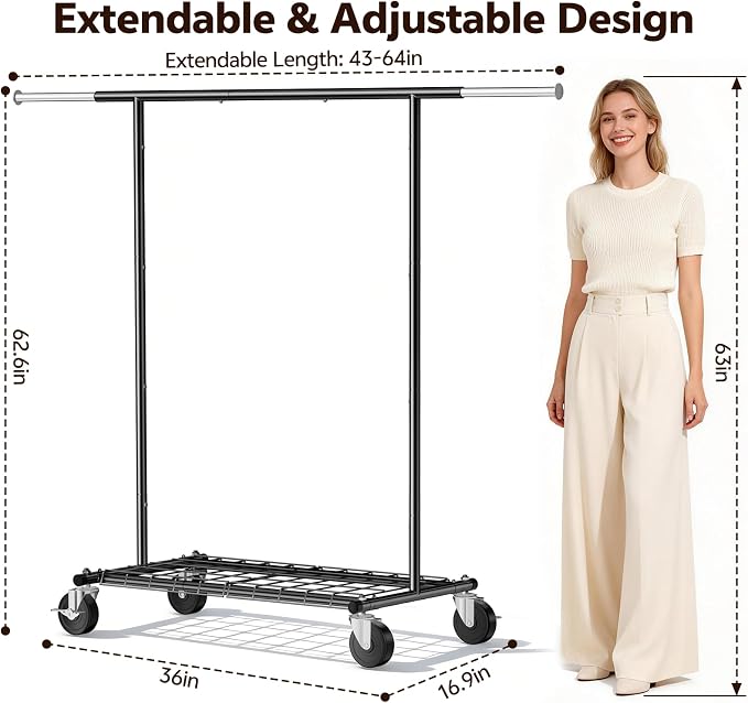 Heavy Duty Clothes Rack for Bedroom - Load 420 LBS - Rolling Clothing Rack for Hanging Clothes with Lockable Wheels & Shelves - Extendable Garment Rack for Closet Laundry - Black