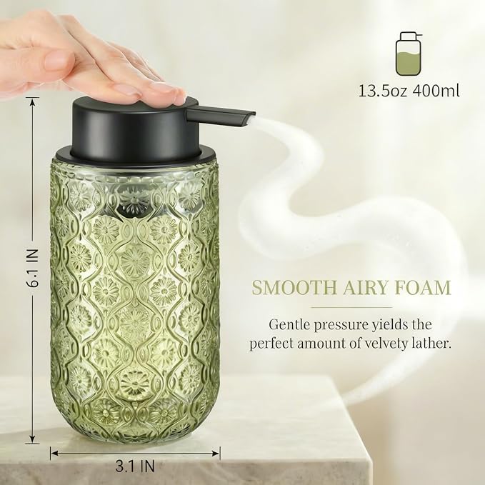 Green Glass Foaming Hand Soap Dispenser with Matte Black Pump Thick Embossed Bottle Refillable for Bathroom and Kitchen Decor 13.5 oz