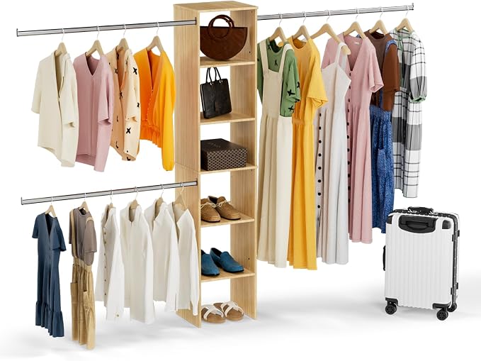 Closet System, 17" Wide Organizer with 3 Hanging Rods, Wood Tower Storage for Walk-In Closets, Wall-Mounted Wardrobe Organizer, Fits Spaces 5-9 ft