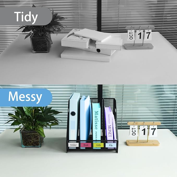Desk Organizers Metal Magazine File Holder Racks Desktop Folder Storage Binder Organiser Document Organization for Home Office & Classroom,4 Vertical Compartments