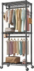 OLIXIS Clothes Rack Heavy Duty Adjustable Garment Clothing Rack with Wheels, Rolling Metal Freestanding Closet Organizer for Hanging Clothes with 2 Side Hooks, Double Rods, 29.5"x15.7"x75.6", Black