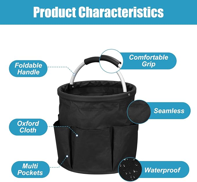 Qivine 17L Cleaning Caddy with Handle, Cleaning Supply Caddy (Black) | Cleaning Caddy for Cleaning Supplies, Portable Cleaning Supplies Organizer with 6 Pockets, Cleaning Bucket for Kitchen Garden