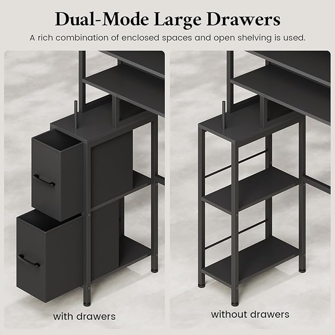 Over the Toilet Storage Cabinet with Doors, 2 Large Drawers & 6 Hooks, Over the Toilet Organizer with Toilet Paper Holder, Over the Toilet Storage for Bathroom, Laundry Room, Black