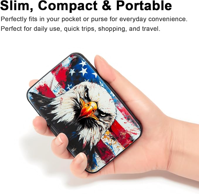 Credit Card Holder, Metal Card Wallet RFID Blocking Mini Slim Aluminum Business Hard Card Case for Women Men (Bald Eagle with American Flag)