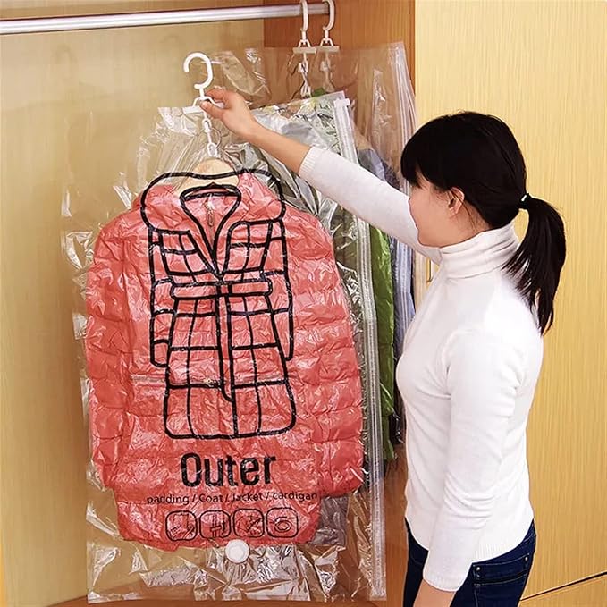 FETNHU Hanging Compressible Storage Bag, Hanging Vacuum Storage Bags with Pump, Reusable Space Saver Vacuum Storage Bags for Home Closet Organization Compression Seal (2PCS,M 67 x 90cm)