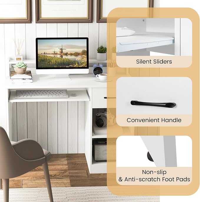 GOFLAME White Computer Desk, Home Office Desk with Large Drawers, Hutch, Keyboard Tray, 5-Position Adjustable Open Shelves, Easy Assembly, Writing Desk for Bedroom, Small Space, Living Room, White