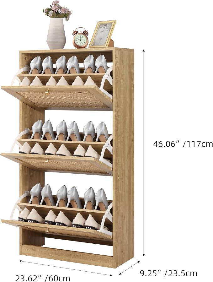 Finnhomy 3 Tier Shoe Cabinet with Natural Rattan Flip Drawers for Entryway, Free Standing Slim Shoe Storage Organizer with Large Top Board, Shoe Cabinet with Adjustable Width Drawers, Natural