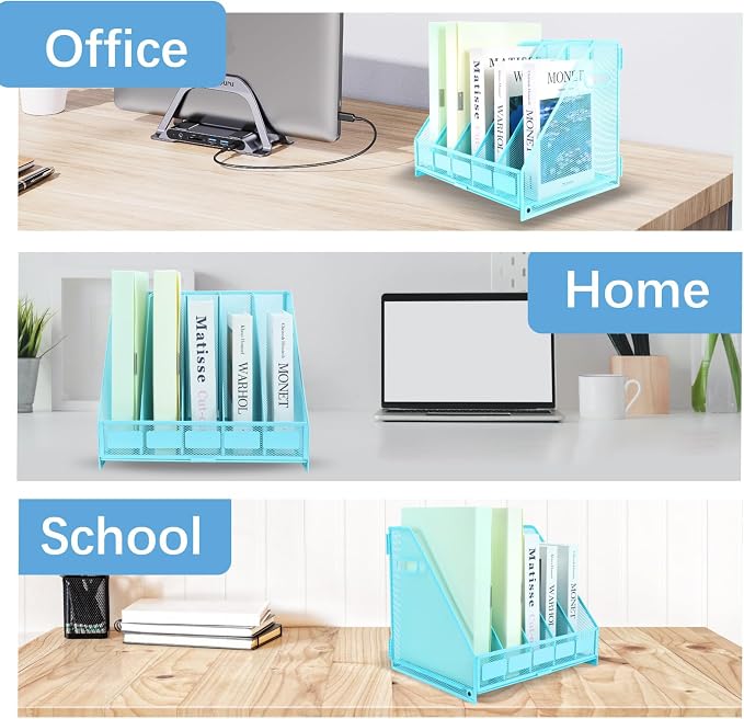 Desk Organizers Metal Magazine File Holder Racks Desktop Folder Storage Binder Organiser Document Organization for Home Office & Classroom,5 Vertical Compartments-Blue