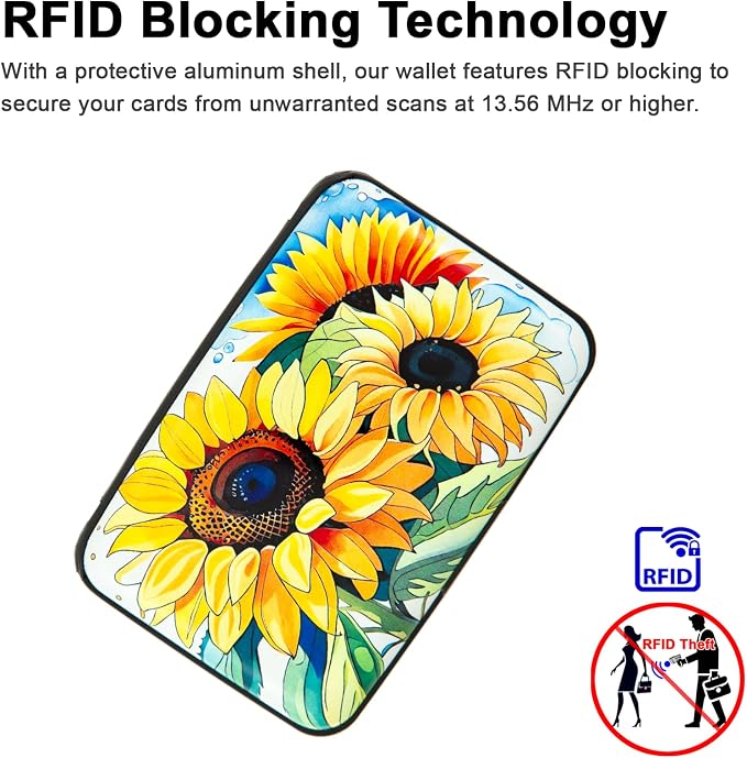 Credit Card Holder, Metal Card Wallet RFID Blocking Mini Slim Aluminum Business Hard Card Case for Women Men (Watercolor Sunflower)