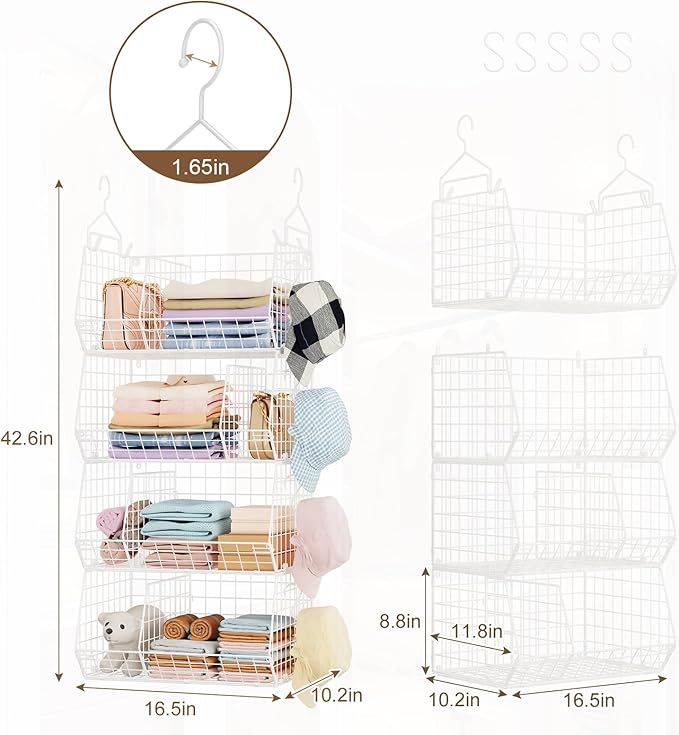 Jautokerdar 4 Tier Extra Large Hanging Closet Organizer,Closet Organizer Hanging with 5 S Hooks 4 Dividers,Clothes Organizer Clothing Sweaters Clutches Handbags Hats Accessories-White