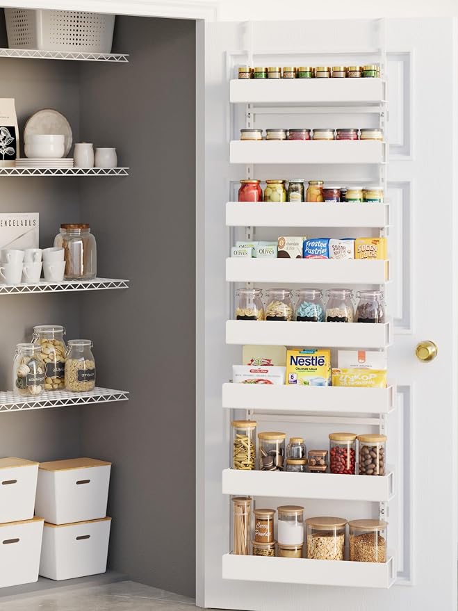 8-Tier Over Door Pantry Organizer, Metal Hanging Storage Rack for Kitchen Bedroom White
