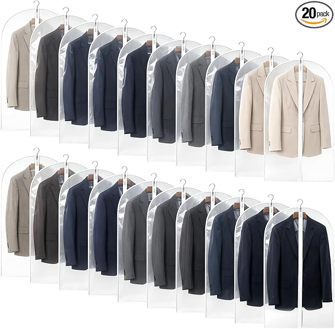 20 Pack Clear Garment Bag, PEVA Hanging Clothes Cover, 24"x43" Suit Dress Bag for Closet Storage Travel