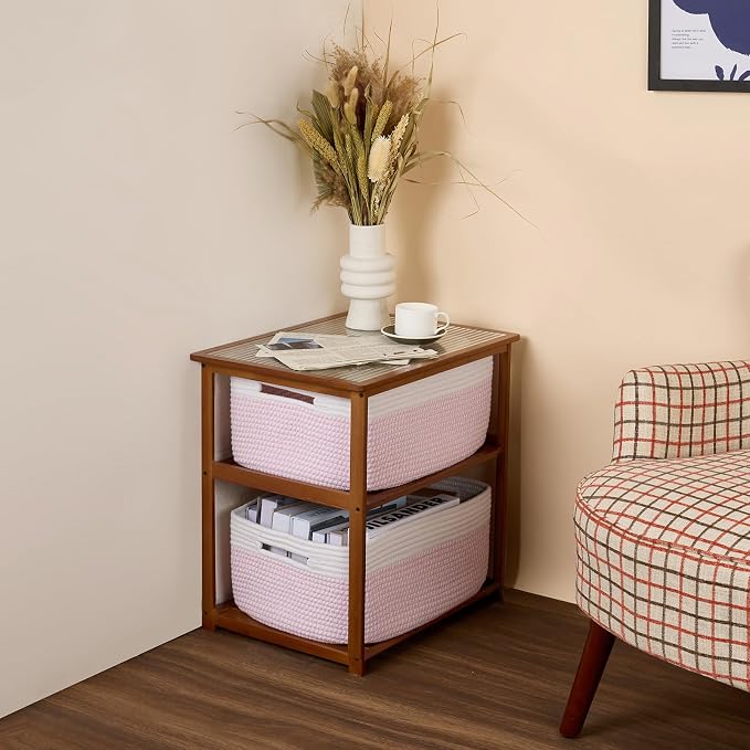 MiniArk Large Storage Baskets for Organizing, 17 x 13 x 7.5” Closet Shelf Baskets for Clothes Blanket Towels, Baby Nursery, Toy Bins Box, Woven Rope Baskets, 4 Packs Woven Pink