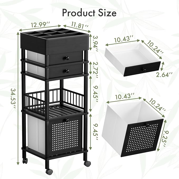 Amazer Bamboo Makeup Organizer Cart with 3 Drawers, Floor Skin Care Storage for Bathroom Bedroom, Rolling Vanity Organizer Cart for Cosmetic, Nail Polish, Perfume and Hair Tools, Black