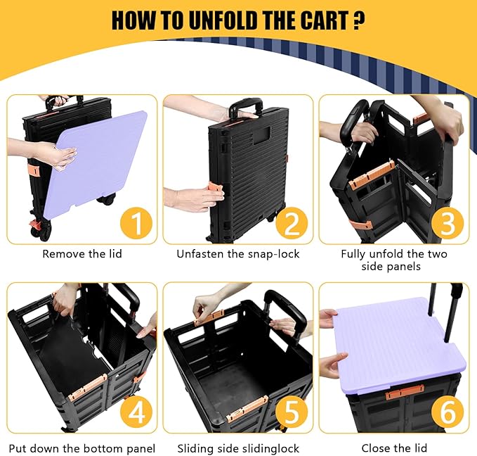 SELORSS Foldable Utility Cart Portable Rolling Crate Handcart Shopping Trolley Collapsible Tool Box with Rotate Wheels Durable Duty Plastic Telescoping Handle Lid for Travel Move Office School(Purple)
