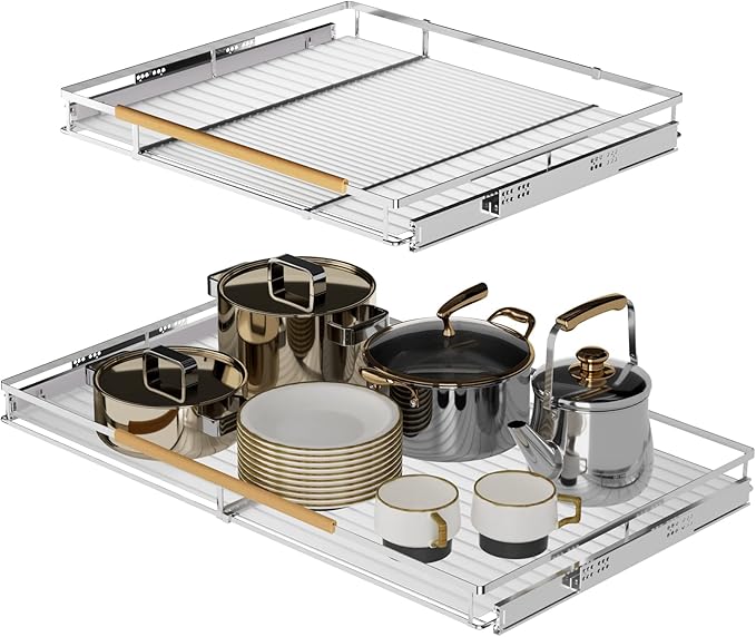 SANNO Pull Out Cabinet Organizer, Pantry Drawer Slide Out Basket Expandable Sliding Shelf Under Sink Shelf, Steel Metal cabinet drawers slide out, Chrome Finish, 23.1 to 39.9" W