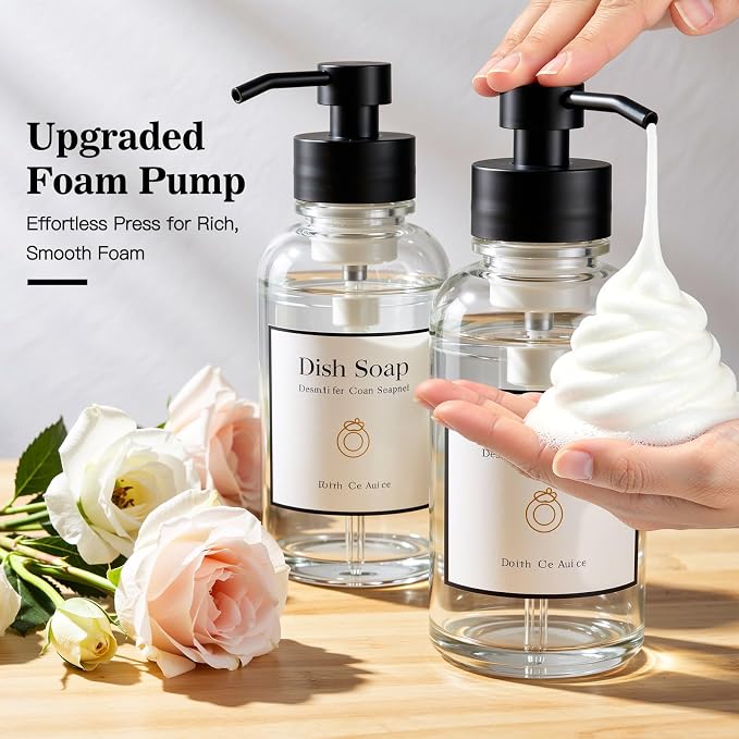 16.9 Oz Clear Glass Foaming Soap Dispenser, 2 Pack(Clear) | Refillable Hand & Dish Soap Pump, With Silicone Tray & 8 Waterproof Labels, For Bathroom & Kitchen，Perfect Housewarming Gift