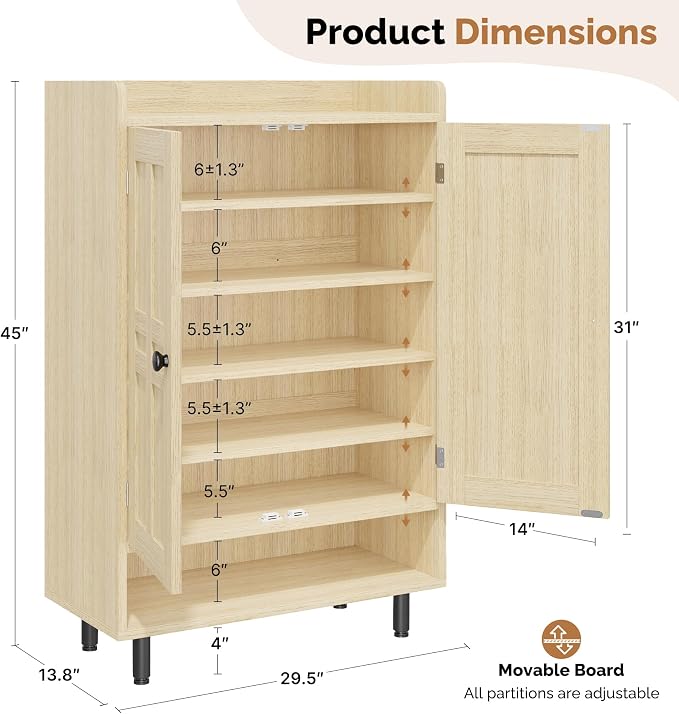 Farmhouse Shoe Cabinet with Doors, 6-Tier Wooden Shoe Organizer with Adjustable Shelves, Entryway Storage Cabinet, Rustic Shoe Storage for Entryway or Living Room (Nature)
