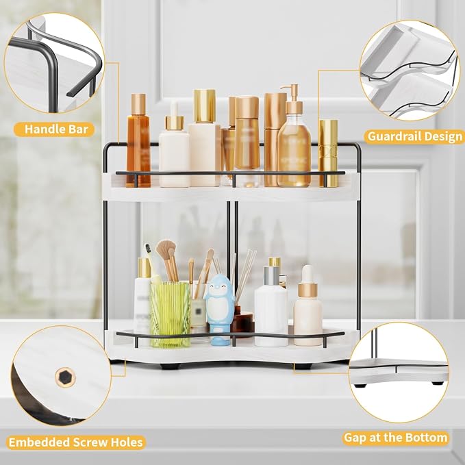 2-Tier Corner Bathroom Counter Organizer for Storage, White | Larger Size, Solid Wood, Embedded Screw Holes, sink and Vanity Countertop Organizer for Perfume, Skincare & Makeup Storage