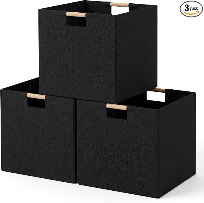Cinnvoice 3 Pack Fabric Storage Bins for Closet Shelves, 13 x 13 x 13 Inch Black Rectangle Wardrobe Organizer with Handle, Collapsible Shelves Storage Basket for Sorting Clothes and Toy
