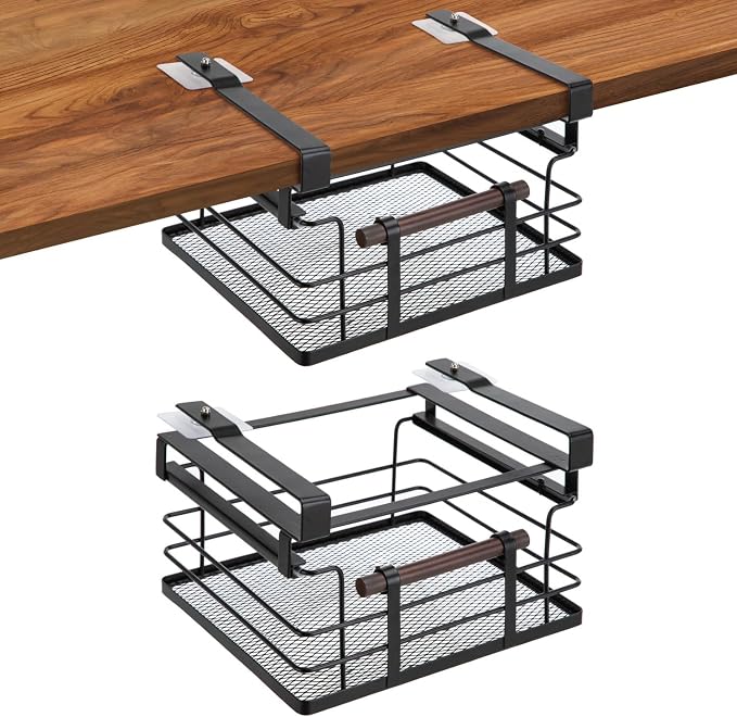 Home Zone Living Pull-Out Kitchen Cabinet Under Shelf Drawer Organizer | Steel Mesh Basket Frame with Wooden Handle, 11" x 11" x 7", Black