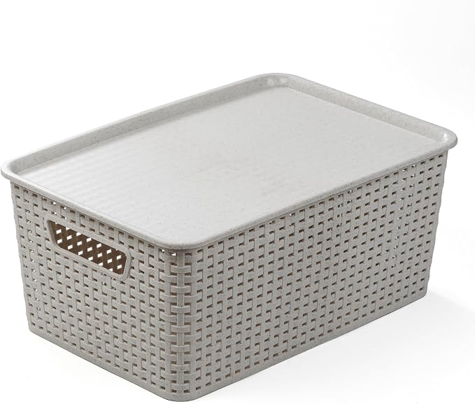 BINO | Plastic Storage Baskets with Lids, 15.5 Liter - 3 Pack, Natural Grey | THE WOVEN COLLECTION | Storage Basket for Shelves | Woven Storage Baskets for Organizing Bins | Pantry Shelf Organizer Bin