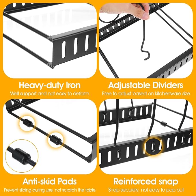 2 Pack Pot and Pan Organizer Expandable 12-23 Inch Pot Lid Pan Organizers Inside Cabinet with 14 Adjustable Dividers Heavy Duty Iron Storage Rack for Pots Pans Lids Black