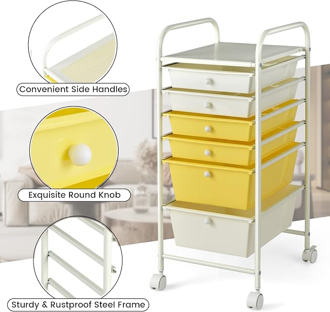 DREAMADE Rolling Cart With Storage Drawers, Utility Cart With Removable Plastic Drawers, Lockable Wheels for Classroom Organization, Art Supplies, Office, Scrapbook (6 Drawers, Yellow)