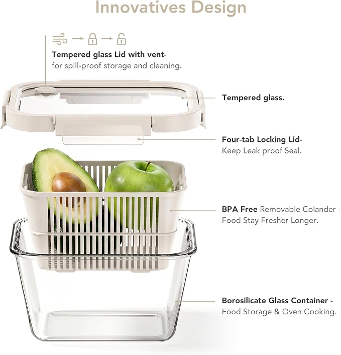 GENICOOK Glass Fruit Storage Containers for Fridge, 2 Pack Produce Containers with Removable Colanders & Vent Glass Lids, Airtight Fruit & Vegetable Storage, BPA Free Borosilicate Glass