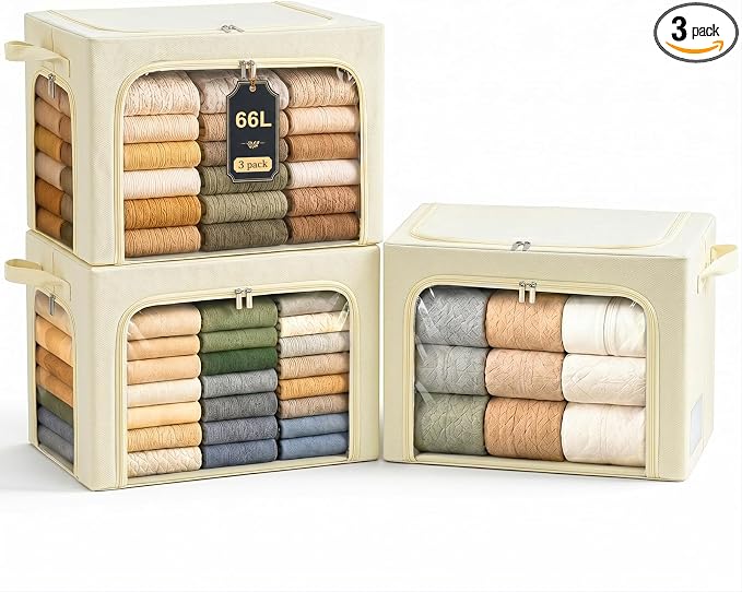 GoMaihe 3 Opening Clothes Storage Bins with Metal Frame, 66L Blanket Storage Organizer for Walk-in Closet Large Storage Boxes with Clear Window for Bedding Winter Clothing 3-Pack Beige