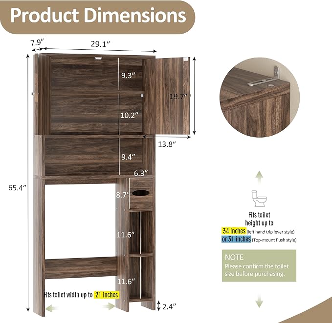 Over Toilet Storage Cabinet with Toilet Paper Holder Stand, Freestanding Bathroom Storage Cabinet, Rustic Farmhouse Bathroom Organizer with Adjustable Shelf & Anti-Tipping, Walnut