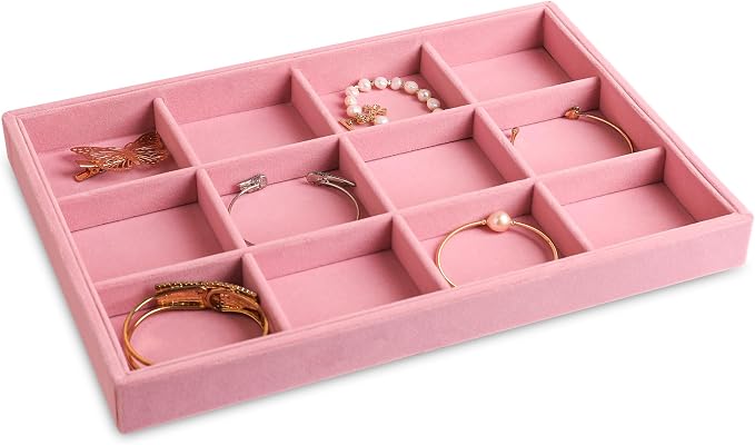 Frebeauty Jewelry Trays for Drawer,Set of 4 Jewelry Organizer and Storage | Velvet Material,Stackable,Adjustable Dividers,Drawer Inserts for Rings Studs Bracelet,Earring Organizer for Women Girls