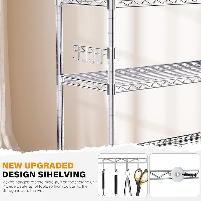 YNN Storage Shelves,1750Lbs 5 Tier Heavy Duty Metal Rolling Shelving Unit with Wheels & 8 Hooks, Adjustable Garage Wire Rack for Kitchen, Bathroom,Industrial,Pantry(36" W x 14" D x 72" H, Chrome)