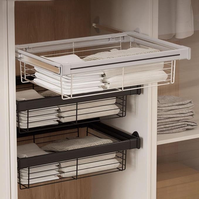 Depth 17.95In Expandable Cabinet Pull Out Basket,Stackable Shelf Baskets Organizer,Aluminum Alloy Stackable Storage Bins,for Office Bathroom Bedroom,Silver-30.31-32.28in