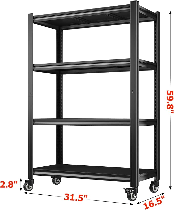 REIBII Rolling Storage Shelves Adjustable Shelf for Kitchen Office | 2080 LBS capacity,59.8" H x 31.5" W x 16.5" D,4 Tier,Black,Solid metal panels，360°wheels with lock,Boltless 10min assembly